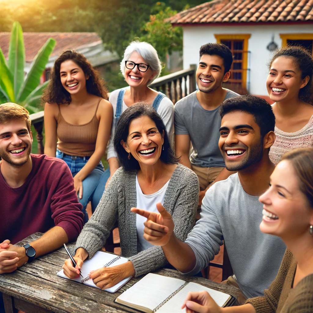 DALL·E 2024-07-05 14.34.16 - A joyful outdoor TEFL_TESOL class with adult students being taught by an adult teacher, set in a South American country. The students are of